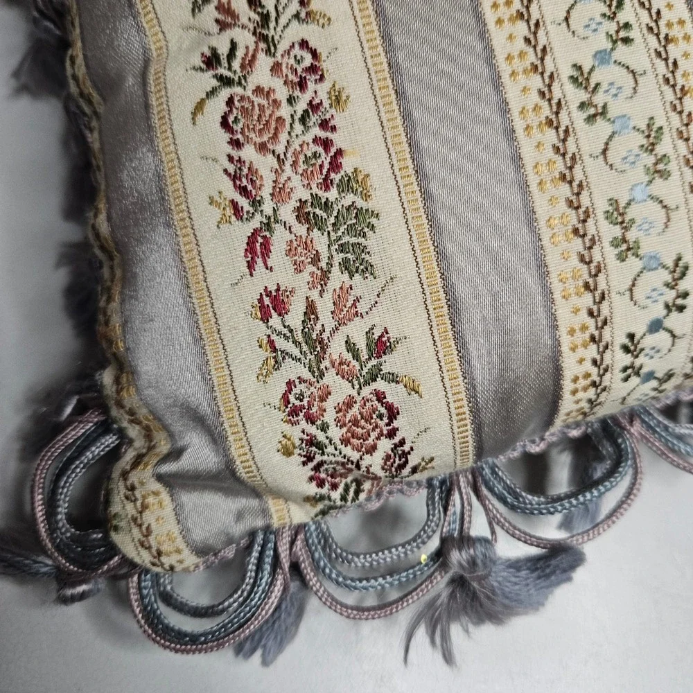 Vintage Floral Tapestry Accent Pillow Striped Tassel Trim Grey Cream 12x8